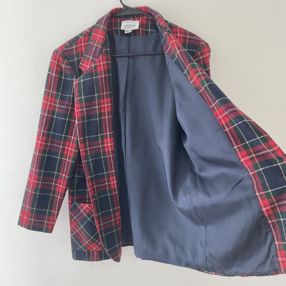 VTG Plaid Blazer Women’s 14 Red Tartan Check 80s Preppy Wool Jacket Holiday - Picture 3 of 7